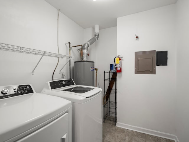 washroom featuring separate washer and dryer, electric panel, and water heater