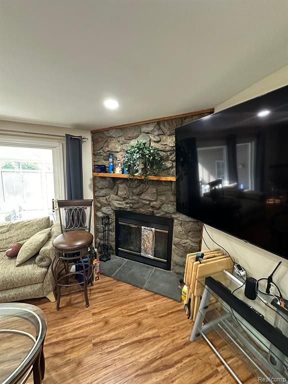 living room with wood-type flooring and a fireplace