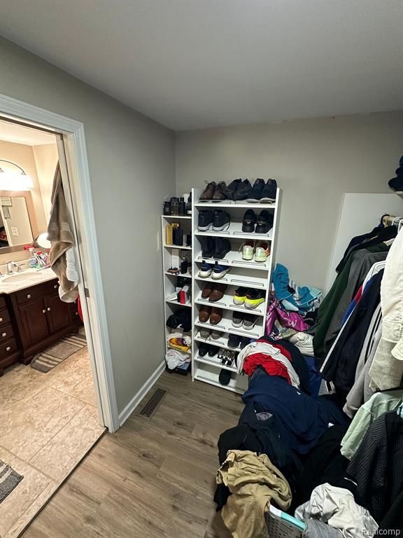 spacious closet with sink and light hardwood / wood-style flooring