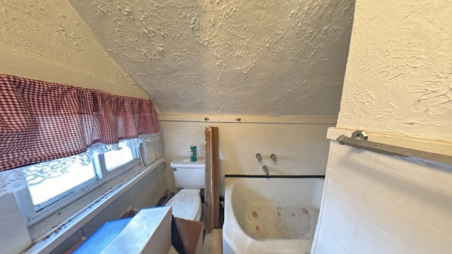 bathroom featuring lofted ceiling and toilet