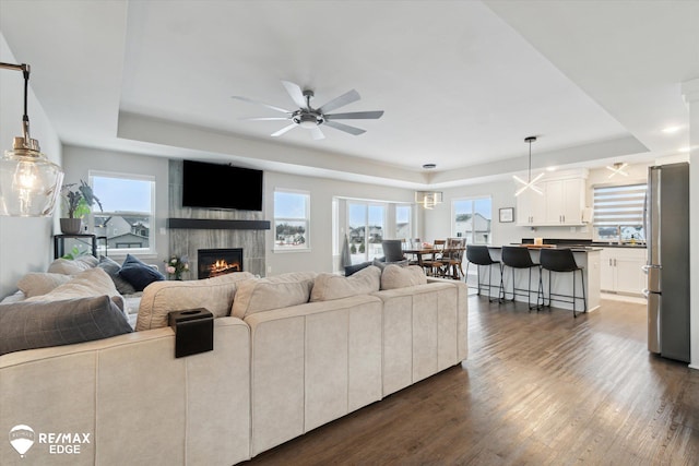 living room with dark hardwood / wood-style floors, a tray ceiling, and a wealth of natural light