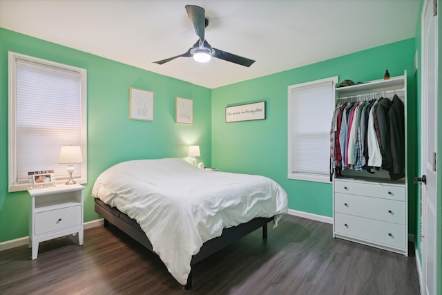 bedroom featuring ceiling fan, dark hardwood / wood-style flooring, and a closet