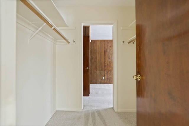 walk in closet with light carpet