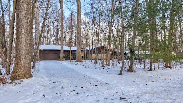 yard layered in snow featuring a garage