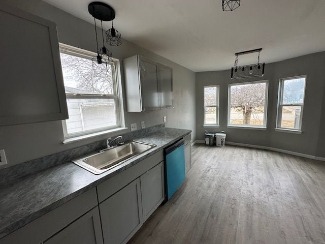 kitchen with gray cabinets, sink, and stainless steel dishwasher