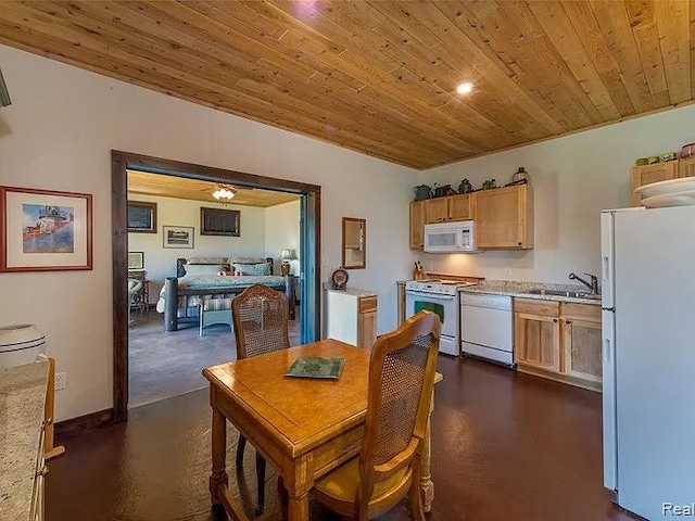 dining space with sink, wood ceiling, and ceiling fan