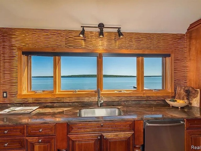 kitchen with sink, dishwasher, and a water view