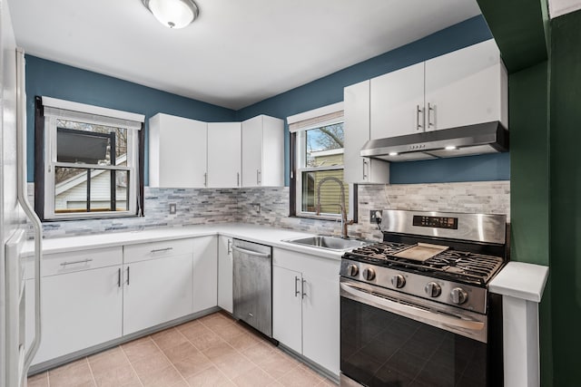 kitchen featuring tasteful backsplash, stainless steel appliances, sink, and white cabinets