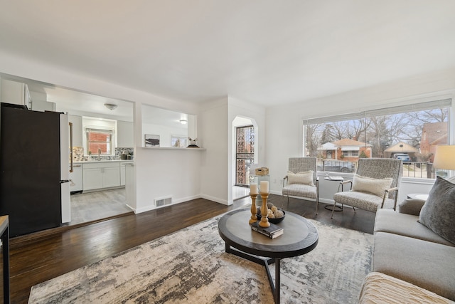 living room with dark hardwood / wood-style floors and sink