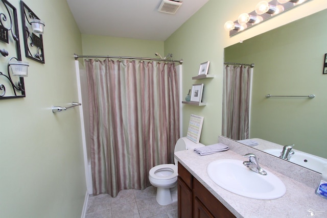 full bathroom with vanity, tile patterned floors, toilet, and shower / bathtub combination with curtain