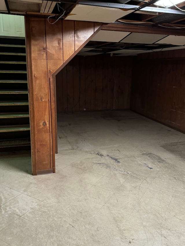 basement with wood walls