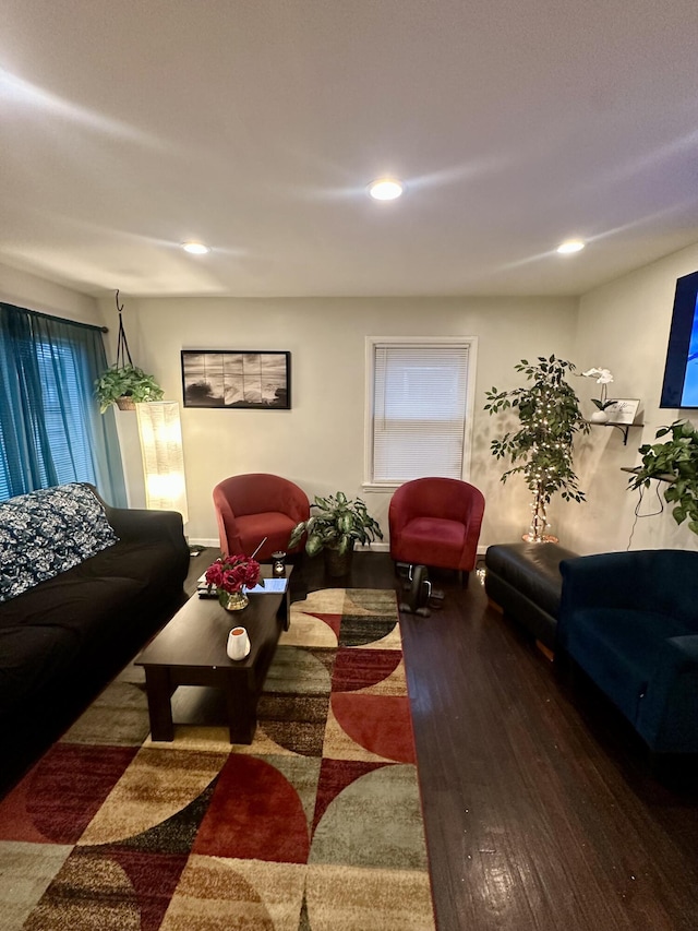 living room with dark hardwood / wood-style flooring