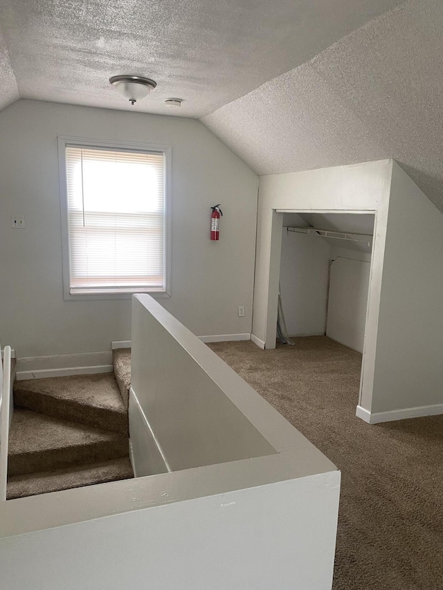 additional living space featuring lofted ceiling, carpet floors, and a textured ceiling