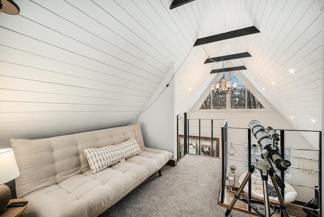 living area featuring vaulted ceiling with beams, a chandelier, and carpet flooring