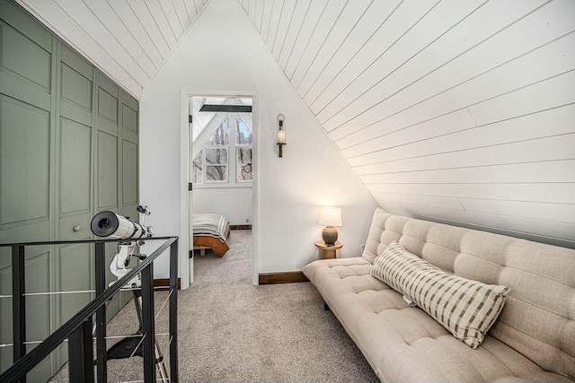 living room with lofted ceiling, carpet, and wood ceiling