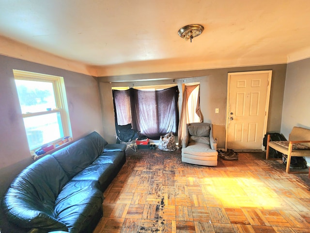 living room with parquet floors