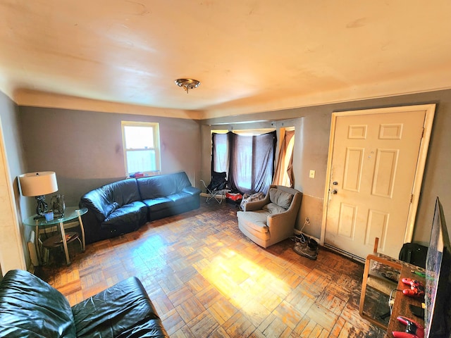 living room featuring parquet flooring