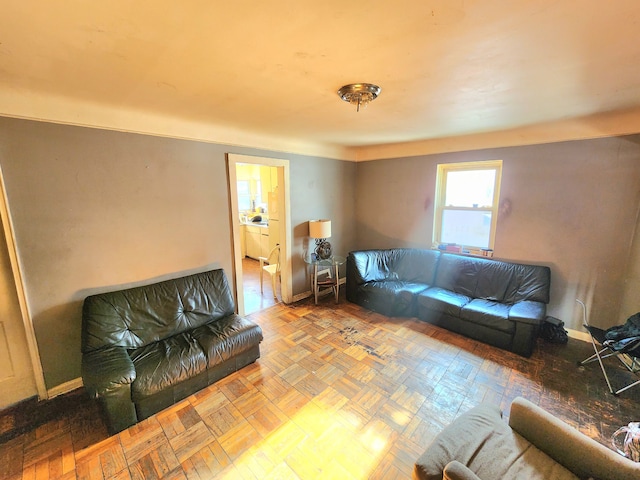 living room with parquet floors