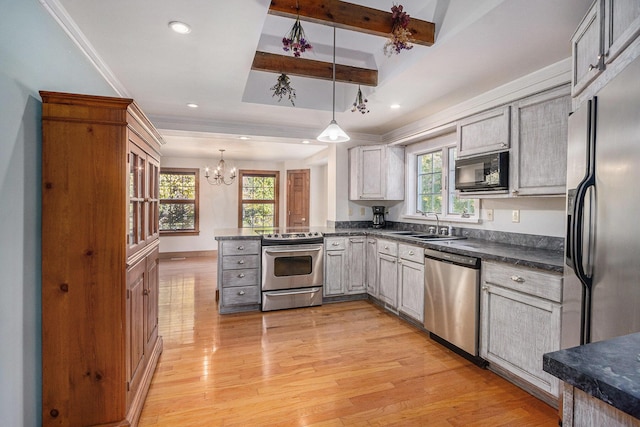 kitchen with appliances with stainless steel finishes, sink, hanging light fixtures, kitchen peninsula, and light hardwood / wood-style flooring