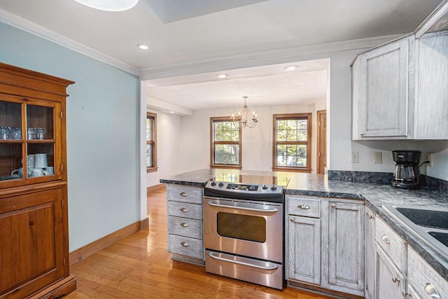 kitchen featuring white cabinetry, light wood-type flooring, stainless steel range with electric stovetop, crown molding, and an inviting chandelier