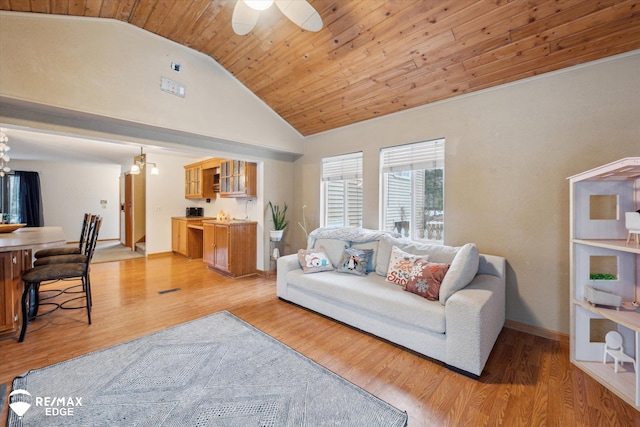 living room featuring wood ceiling, ceiling fan, high vaulted ceiling, and light hardwood / wood-style floors