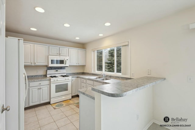 kitchen featuring light tile patterned flooring, sink, kitchen peninsula, white appliances, and white cabinets