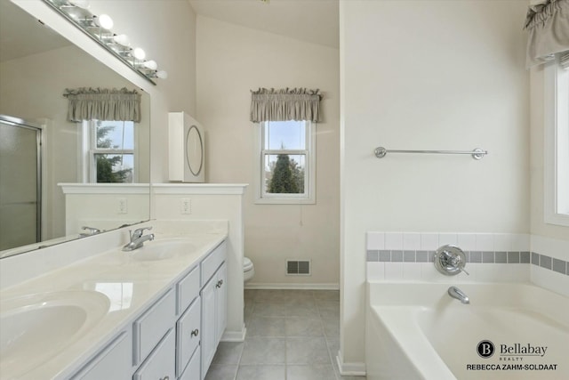 full bathroom with vanity, separate shower and tub, tile patterned floors, and toilet