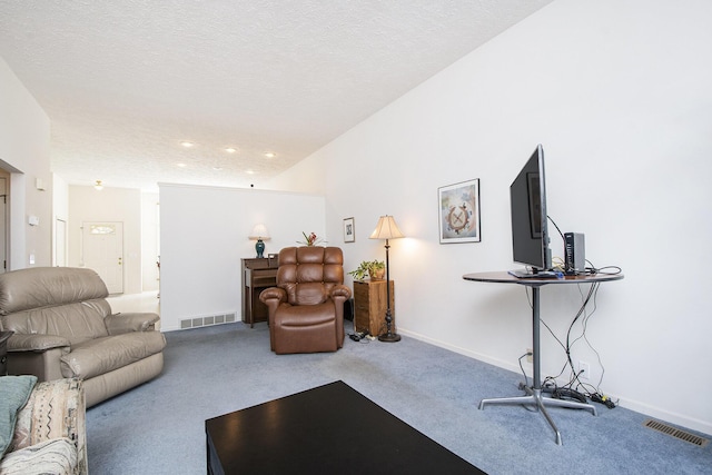 living room featuring light colored carpet and a textured ceiling