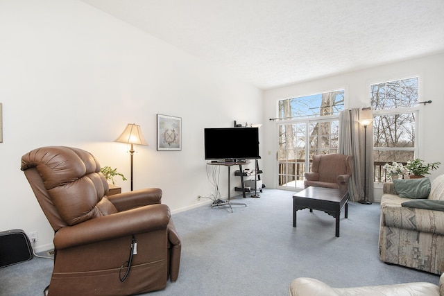 carpeted living room with vaulted ceiling and a textured ceiling