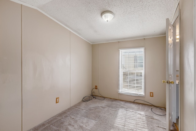 empty room with light colored carpet, ornamental molding, and a textured ceiling