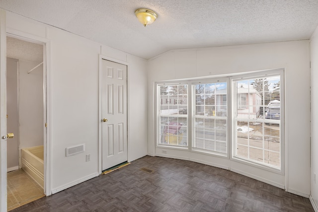 interior space with lofted ceiling, dark parquet flooring, a textured ceiling, and plenty of natural light