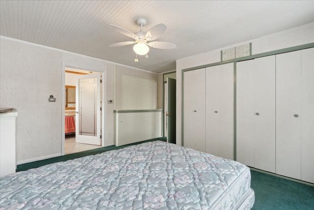 unfurnished bedroom featuring carpet floors, a closet, and ceiling fan