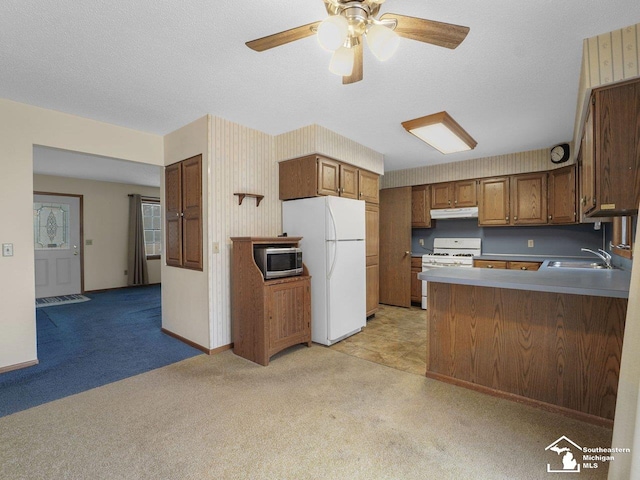 kitchen featuring sink, white appliances, ceiling fan, light carpet, and a textured ceiling