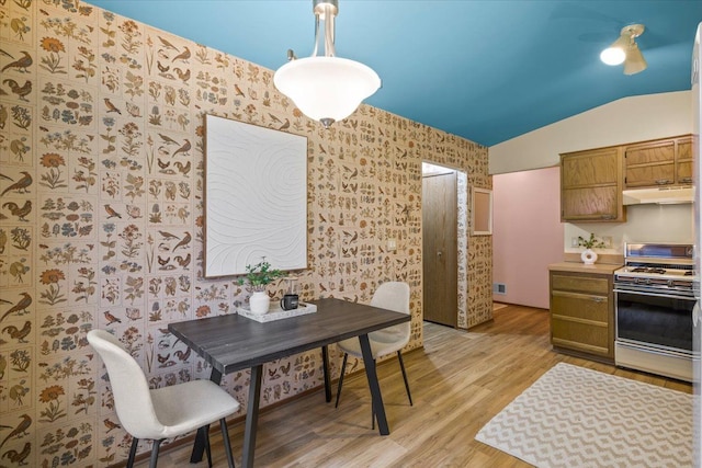 kitchen featuring vaulted ceiling, white range oven, light hardwood / wood-style flooring, and decorative light fixtures