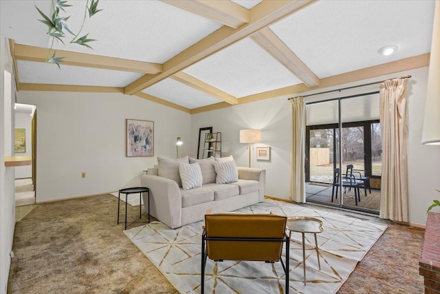 living room featuring lofted ceiling with beams, light carpet, and a textured ceiling