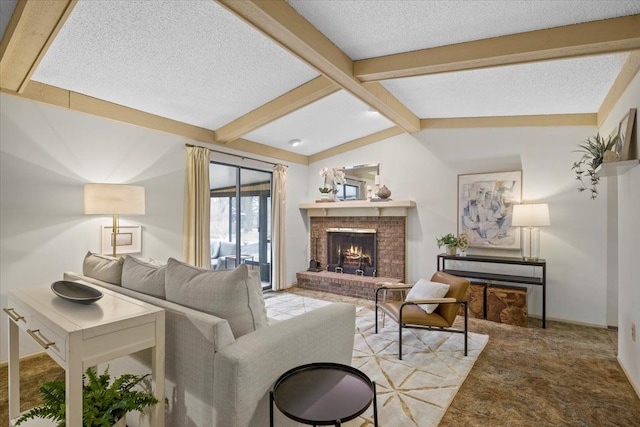 living room featuring vaulted ceiling with beams, a textured ceiling, and a brick fireplace