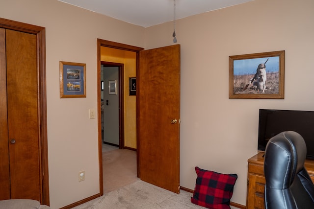 home office featuring light colored carpet