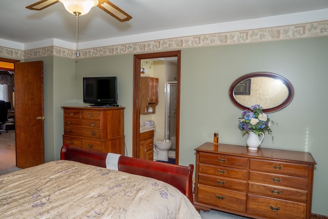 bedroom with connected bathroom and ceiling fan