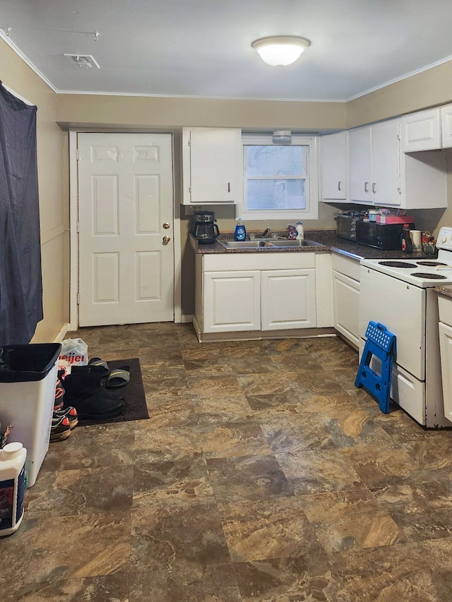 kitchen with white cabinetry, sink, white electric range oven, and crown molding