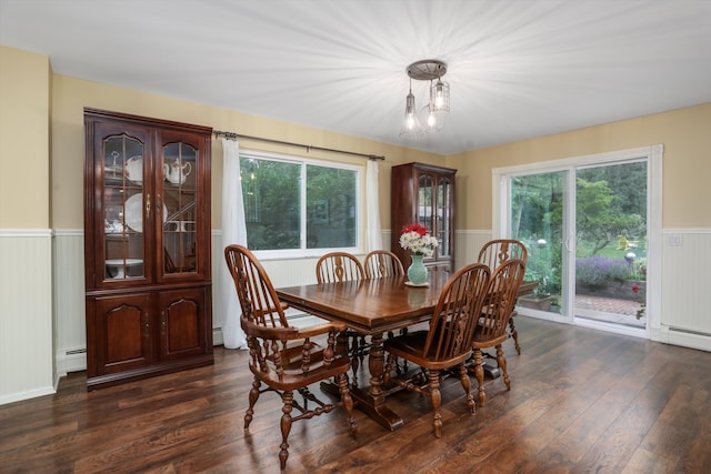 dining space with a baseboard heating unit, dark hardwood / wood-style flooring, and a wealth of natural light