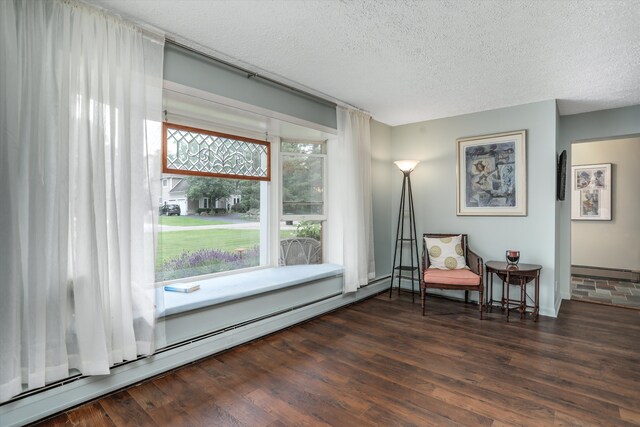 living area featuring a baseboard radiator, dark hardwood / wood-style flooring, and a textured ceiling