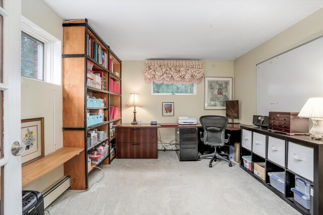 carpeted home office with baseboard heating