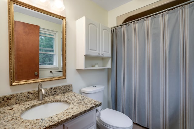 bathroom with vanity, walk in shower, and toilet