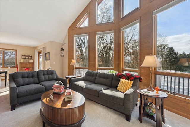 carpeted living room featuring high vaulted ceiling