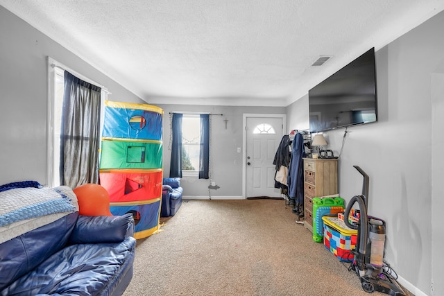 living room featuring carpet floors and a textured ceiling