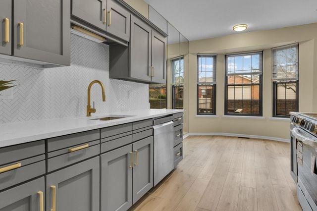 kitchen featuring tasteful backsplash, appliances with stainless steel finishes, sink, and gray cabinetry