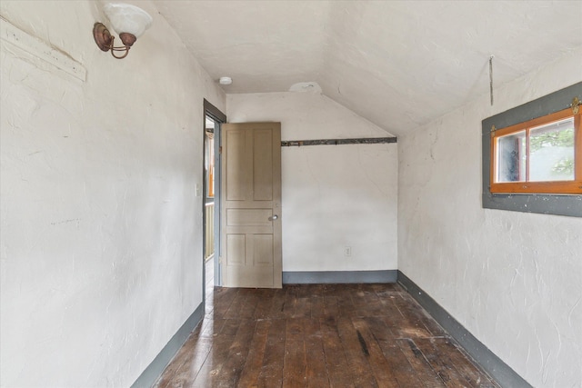 interior space featuring dark wood-type flooring and vaulted ceiling