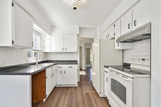 kitchen featuring white electric range oven, dark countertops, under cabinet range hood, open shelves, and a sink