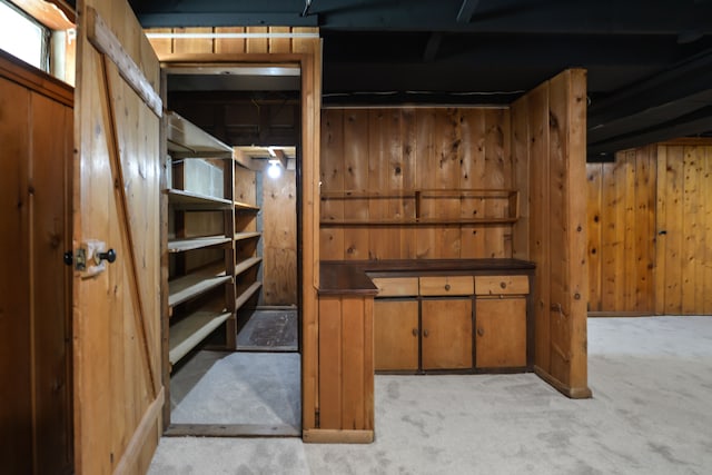 basement featuring wooden walls and light colored carpet