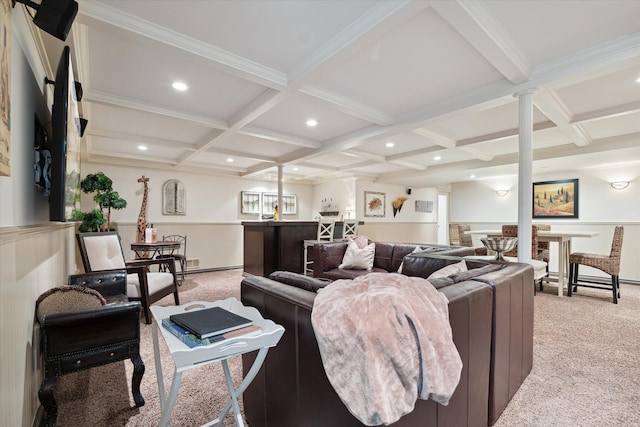 carpeted living room with beam ceiling, ornamental molding, and coffered ceiling